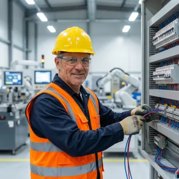 Industrial electrician installing complex wiring systems in South Carolina manufacturing facility