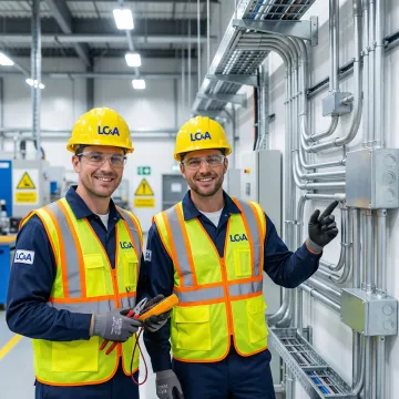 Industrial electricians installing heavy-duty wiring systems in North Carolina manufacturing facility