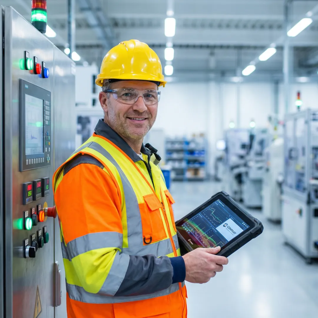 Industrial diagnostic technician analyzing manufacturing equipment data on tablet in North Carolina facility