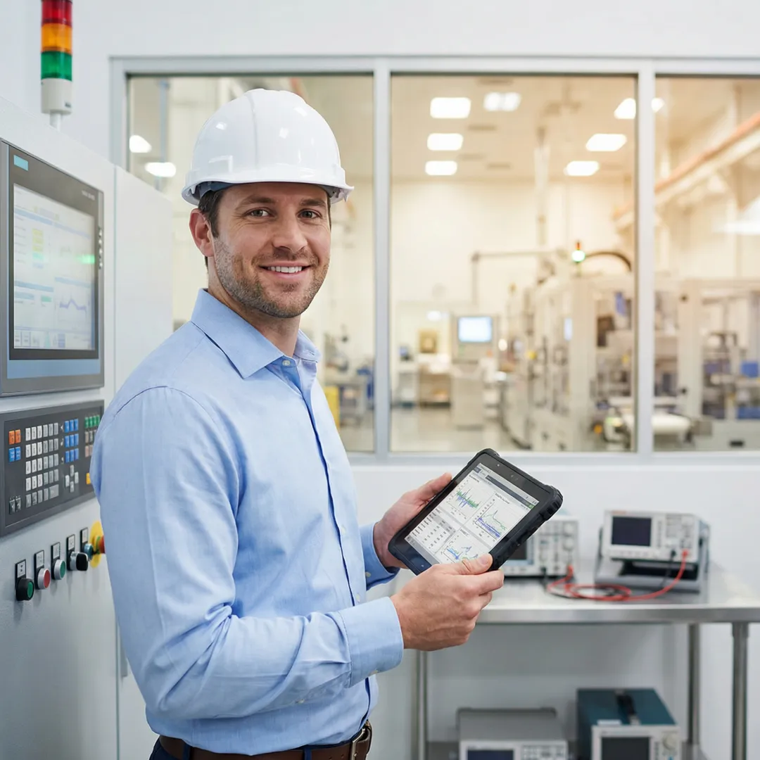 Industrial technician performing equipment diagnostics on manufacturing machinery