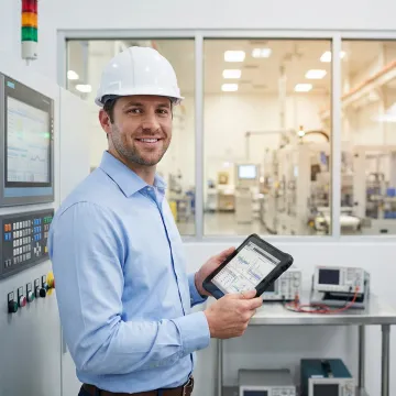 Industrial technician performing equipment diagnostics on manufacturing machinery