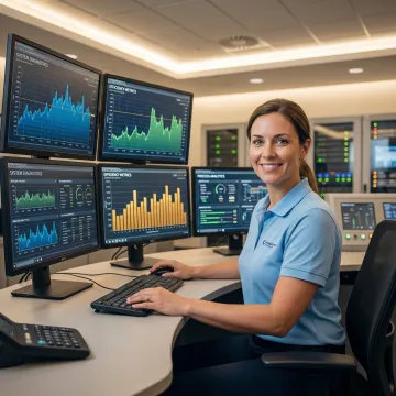 Engineer analyzing industrial process data on multiple monitors