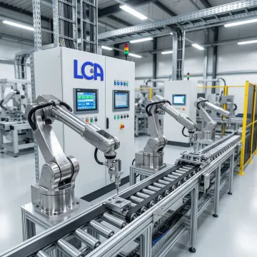 Advanced automated industrial machinery with robotic arms and control systems on factory floor