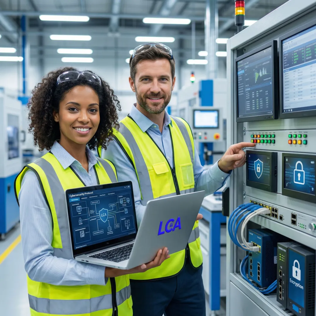 Engineers implementing cybersecurity measures on industrial SCADA control panels