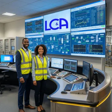 Advanced industrial control room with multiple monitoring screens and automation systems