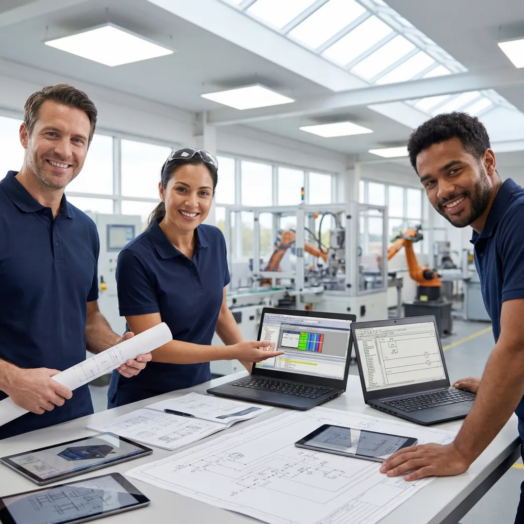 Engineers reviewing automation system blueprints and control panels
