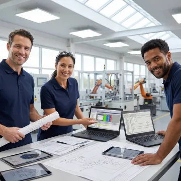 Engineers reviewing automation system blueprints and control panels