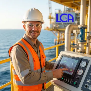 Certified engineer conducting offshore oil platform inspection with safety equipment