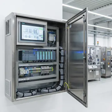 Industrial PLC control panel with programmable logic controllers and automation equipment