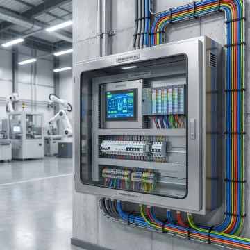 Modern industrial automation control panel with PLC systems and HMI touchscreen interface