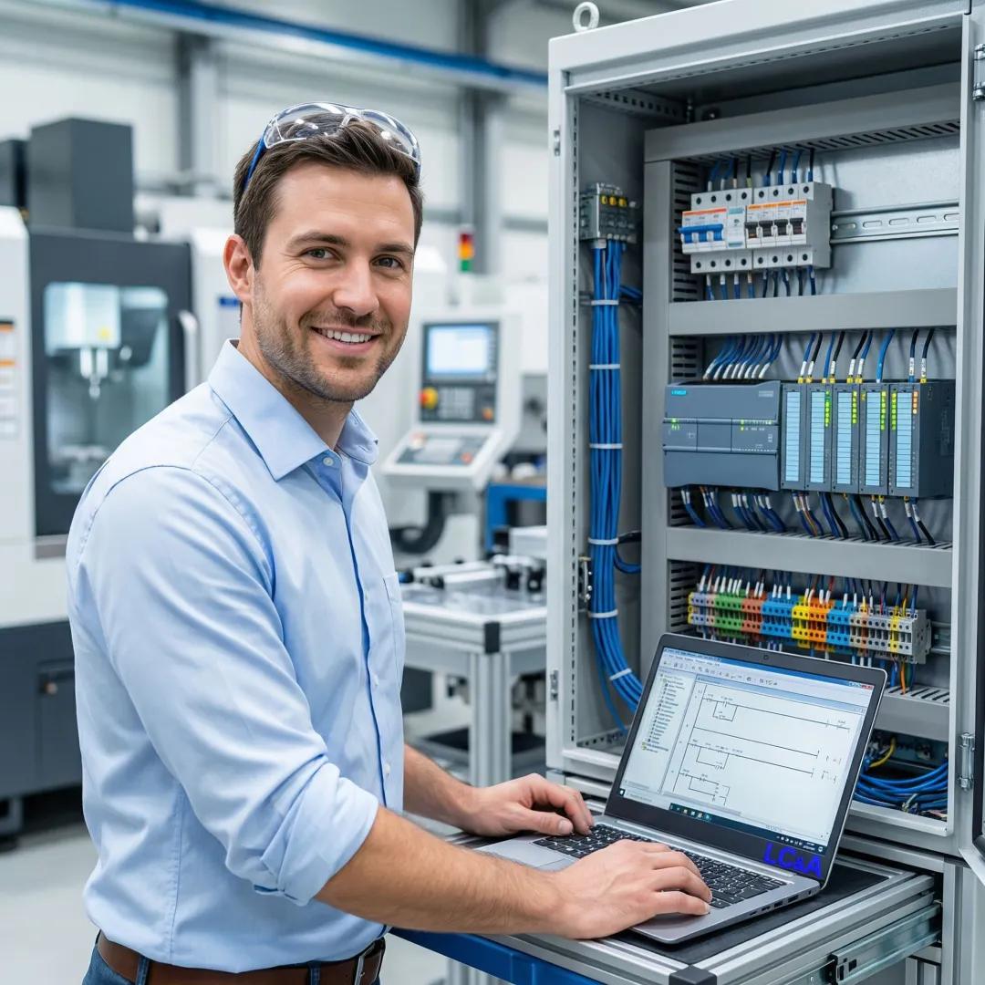 Industrial engineer programming PLC system on manufacturing floor