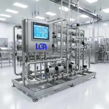 Custom stainless steel food processing skid with integrated control panels in modern facility