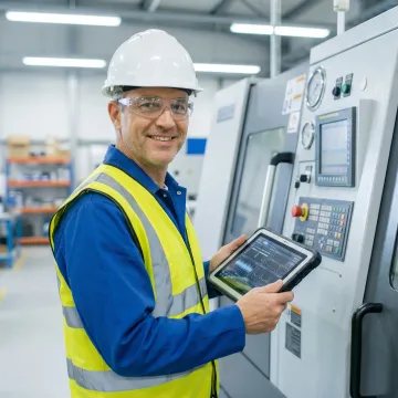 Industrial engineer conducting detailed equipment inspection in modern manufacturing facility