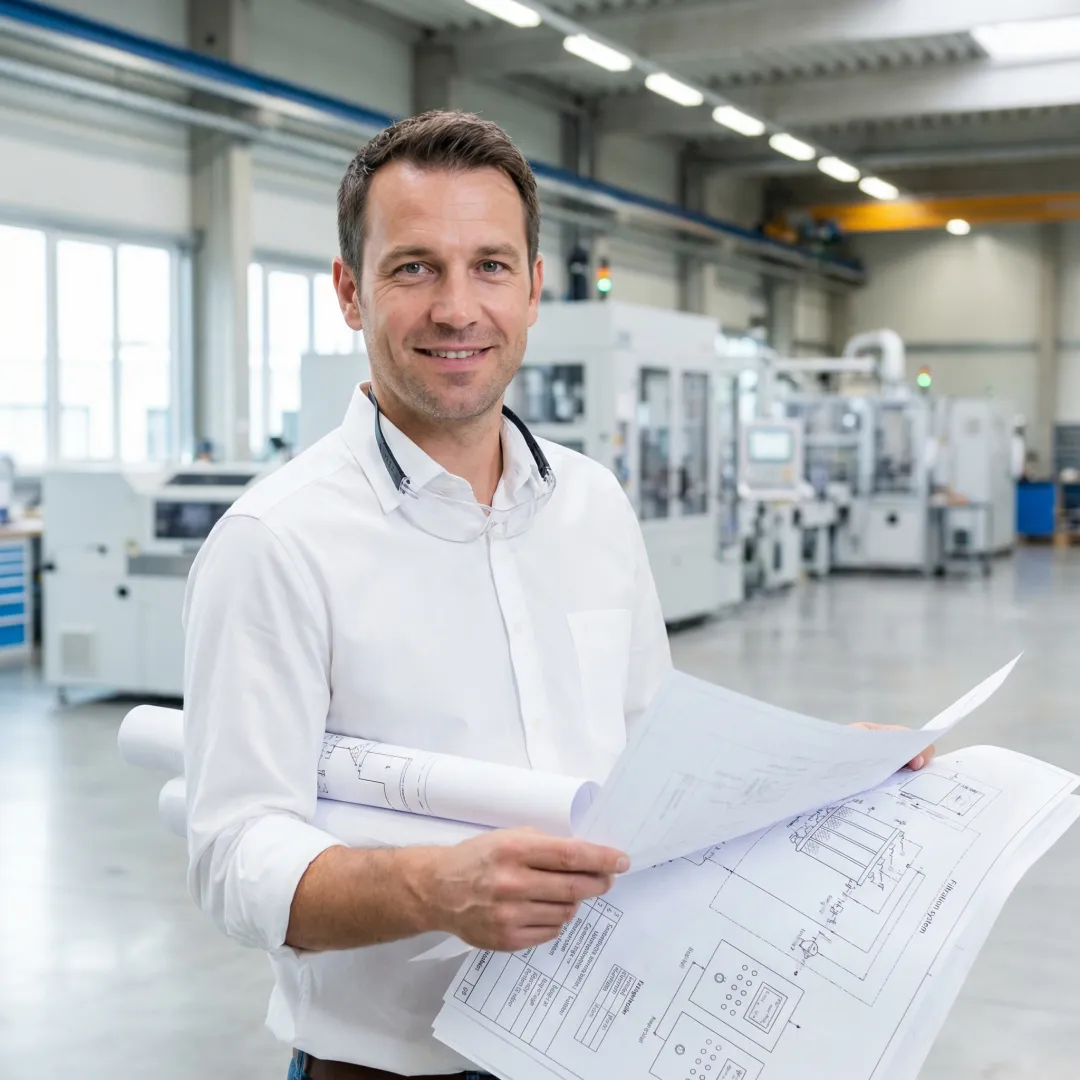 Engineer reviewing industrial filter installation blueprints and control schematics