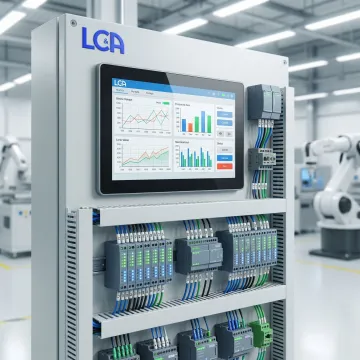 Advanced PLC control panel with digital displays and industrial automation equipment