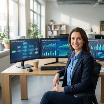 Process improvement consultant analyzing workflow diagrams and performance metrics on digital screens