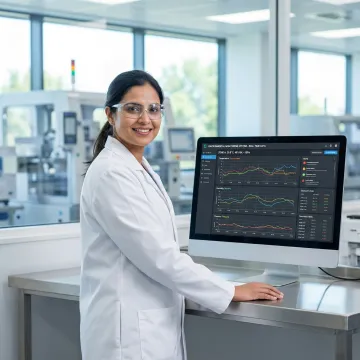 Pharmaceutical technician reviewing environmental monitoring data on digital dashboard