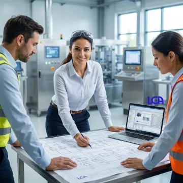 Engineers collaborating on industrial automation control system design