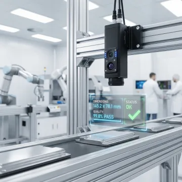 Advanced industrial machine vision system inspecting manufactured components on automated production line