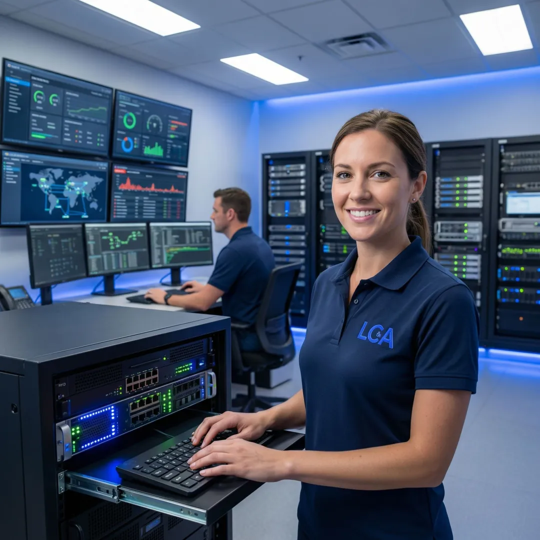 Engineers implementing cybersecurity solutions in industrial facility with control systems and networking equipment