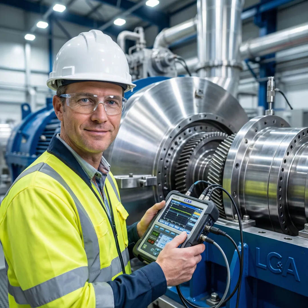 Industrial power plant inspection technician examining turbine equipment with diagnostic tools