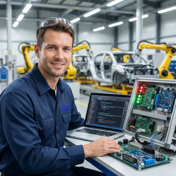 Automotive control system engineer programming production line automation