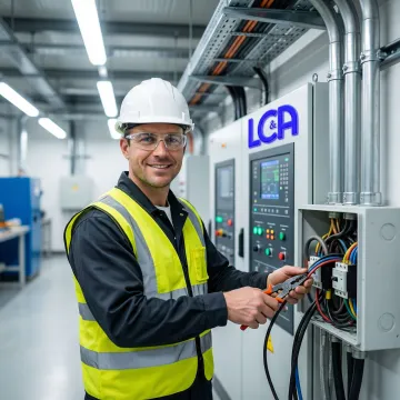 Industrial electrician installing complex wiring systems in manufacturing facility