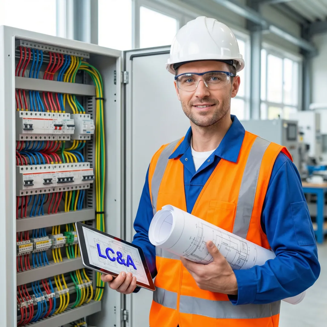 Industrial electrician reviewing wiring diagrams during installation process