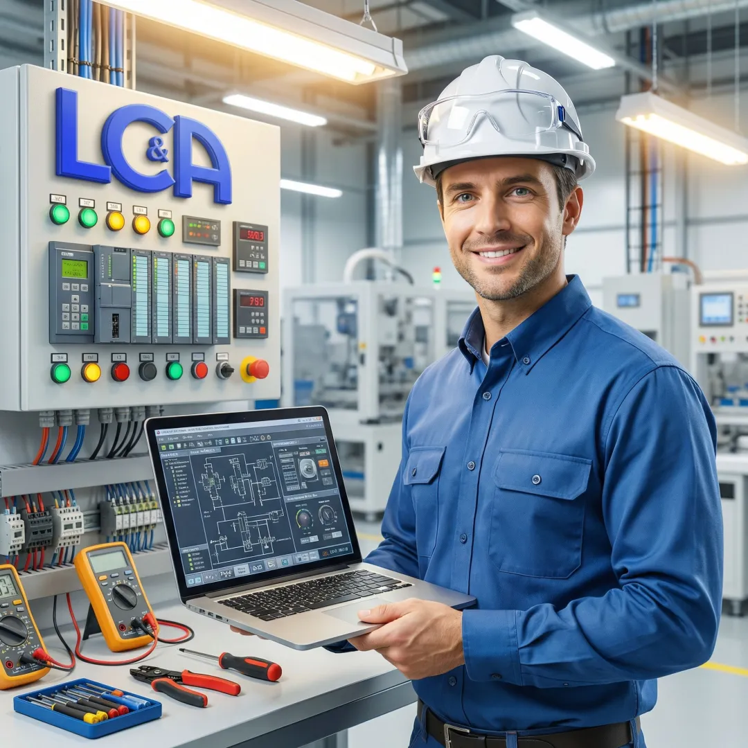 Engineer implementing PLC automation system in industrial facility