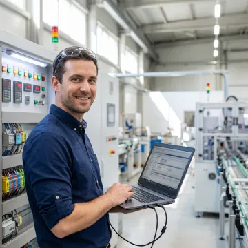 Engineer programming industrial control system with laptop connected to PLC equipment