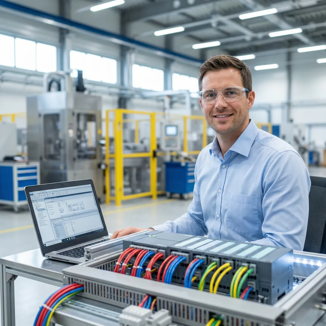 Industrial engineer programming PLC control system at manufacturing facility