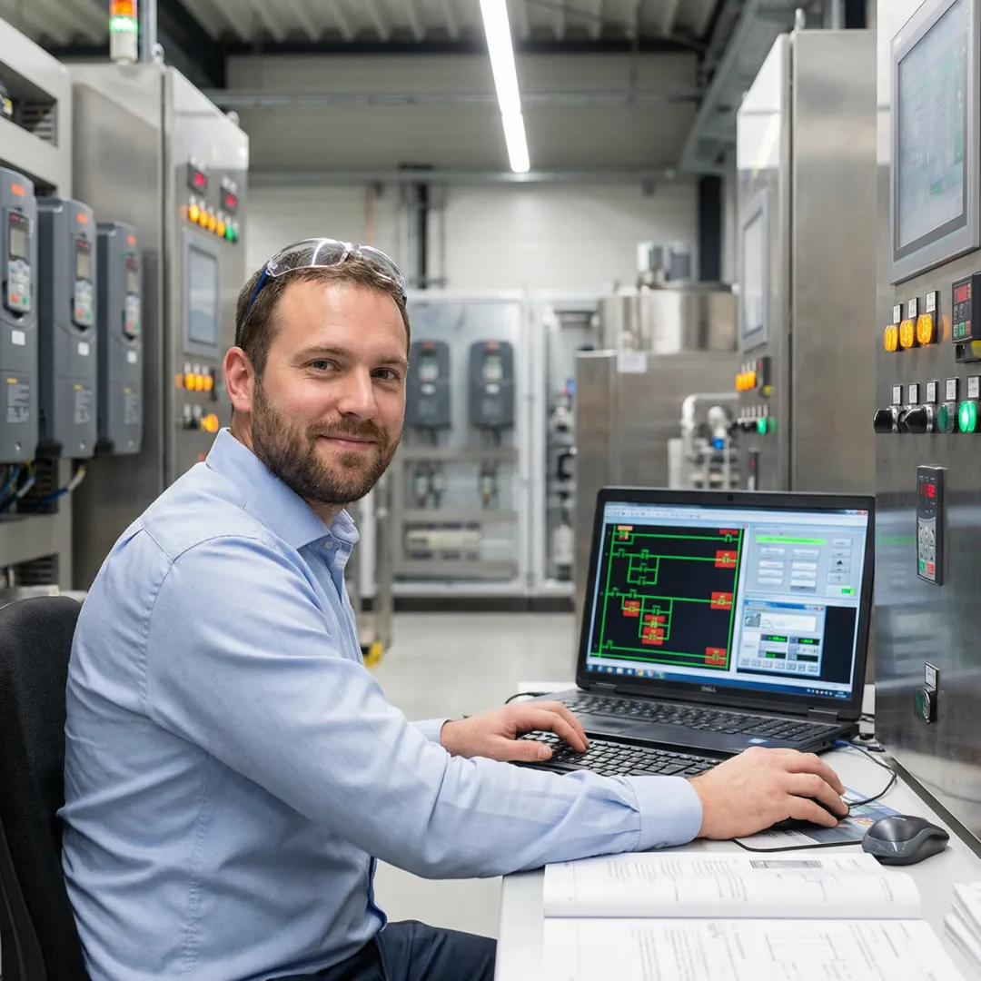 Control systems engineer programming PLC automation equipment in industrial manufacturing facility