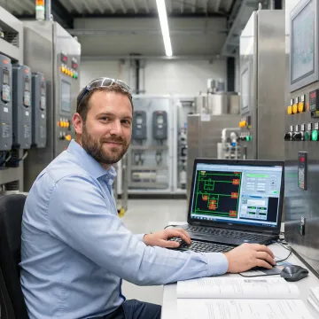 Control systems engineer programming PLC automation equipment in industrial manufacturing facility