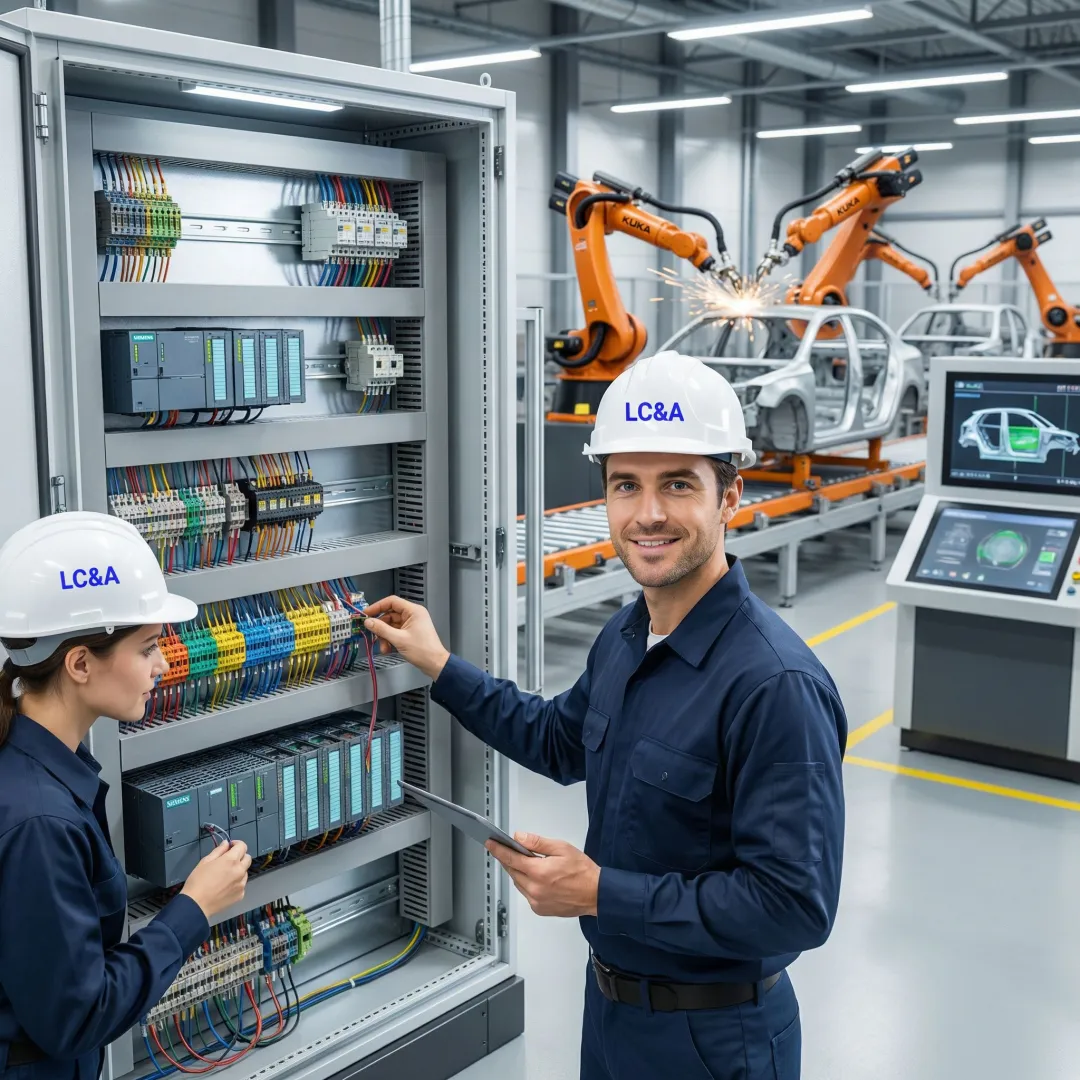 Engineers implementing PLC automation system on automotive production line