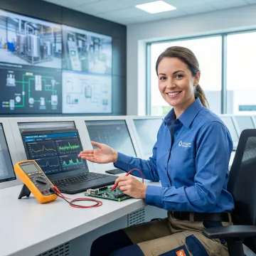 Industrial technician performing diagnostic testing on manufacturing equipment
