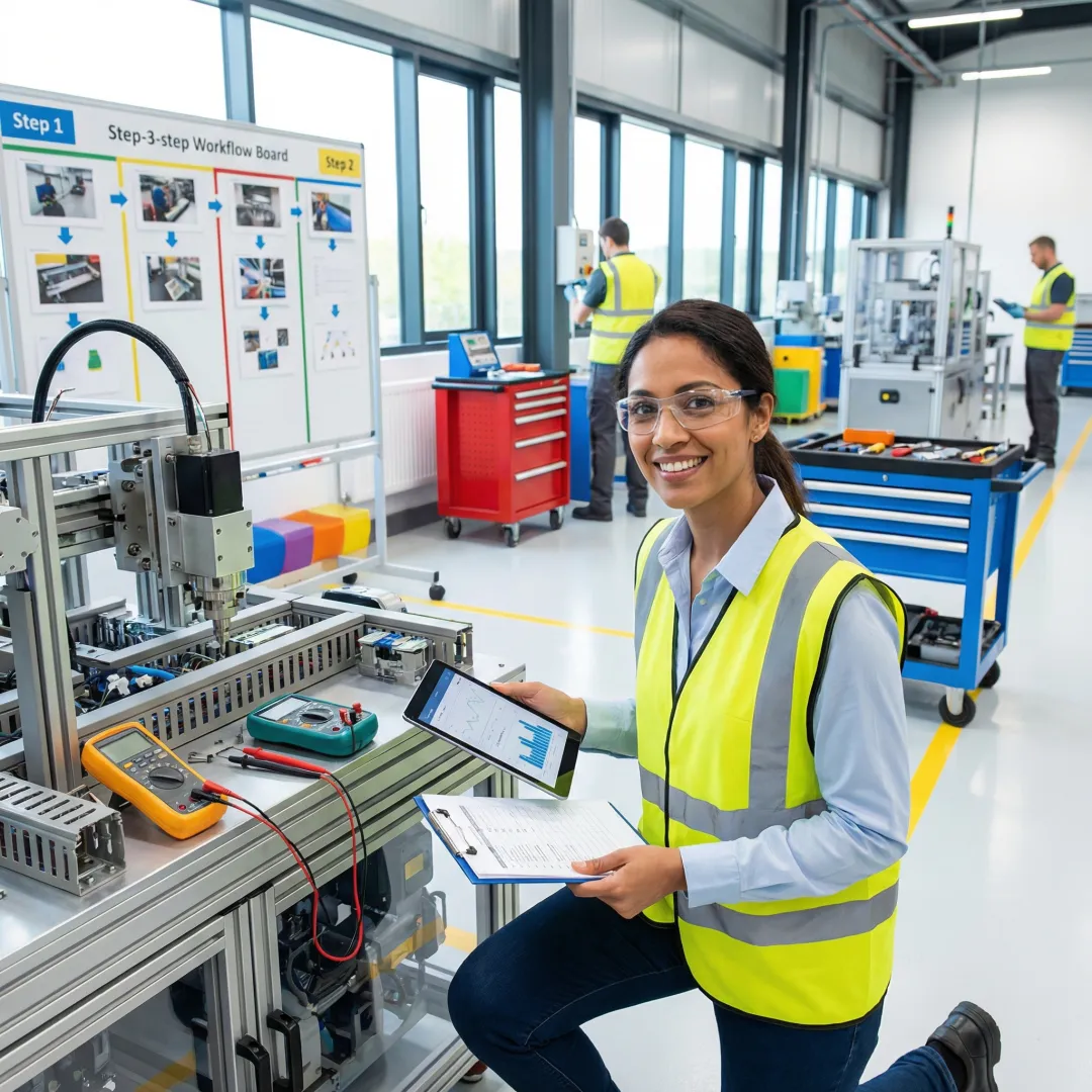 Industrial diagnostic process showing technician analyzing equipment data