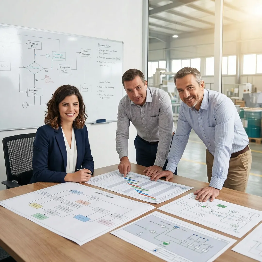 Industrial consultant analyzing manufacturing process flow with client team