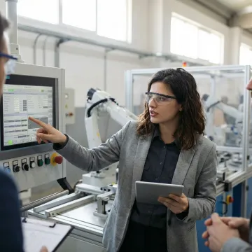 Industrial manufacturing consultant reviewing automated production systems in modern facility