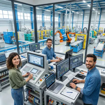 Engineers programming industrial automation systems in manufacturing facility