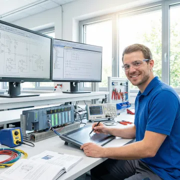 Engineer reviewing power control system schematics and programming PLC controllers
