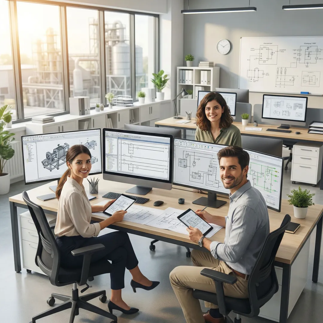 Engineers reviewing automation system blueprints and control panel designs