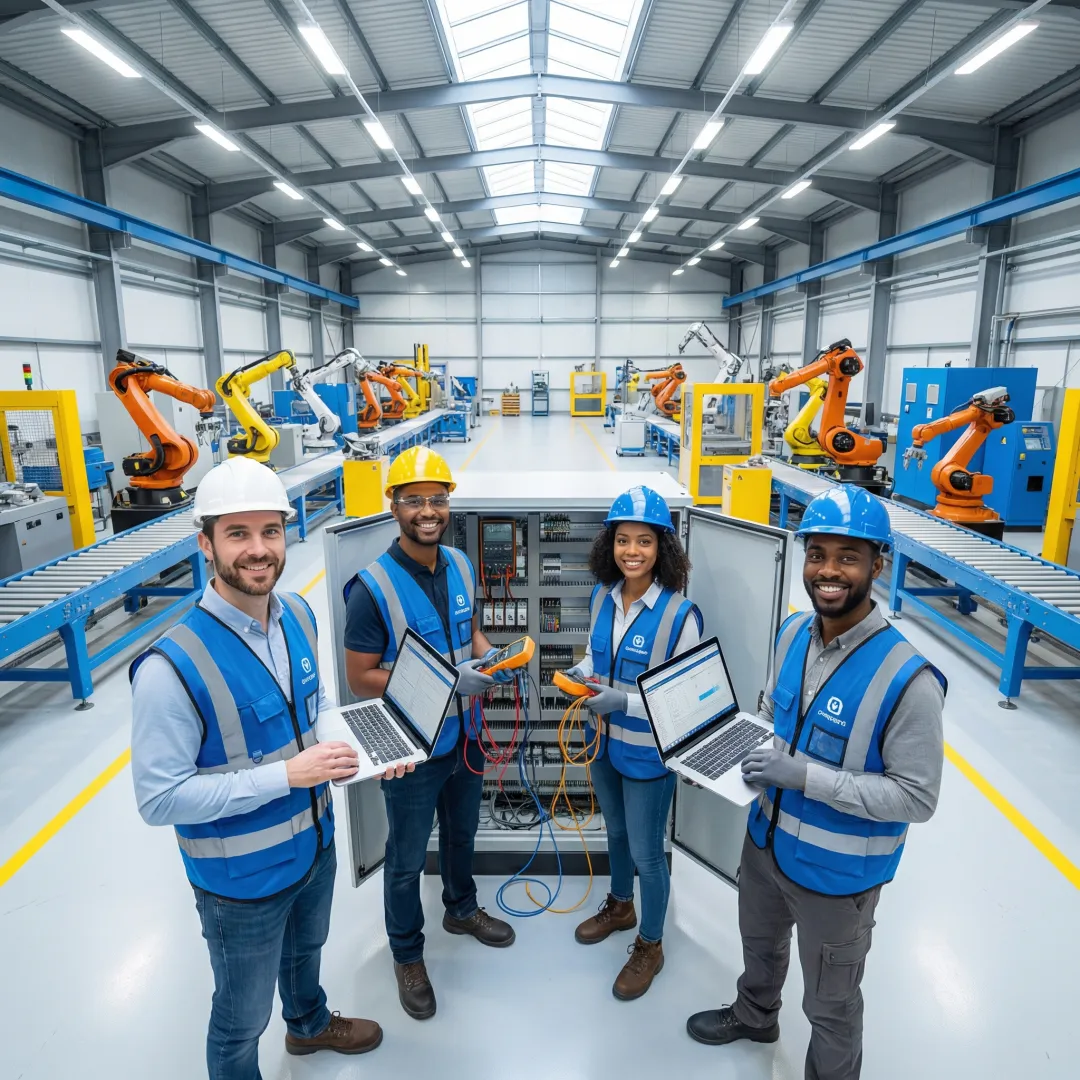 Industrial automation technicians implementing PLC controls in manufacturing facility