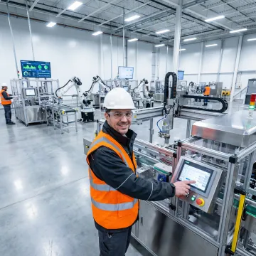 Factory automation technician performing diagnostics on industrial control system