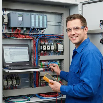 Industrial automation maintenance technician performing diagnostics on manufacturing control systems
