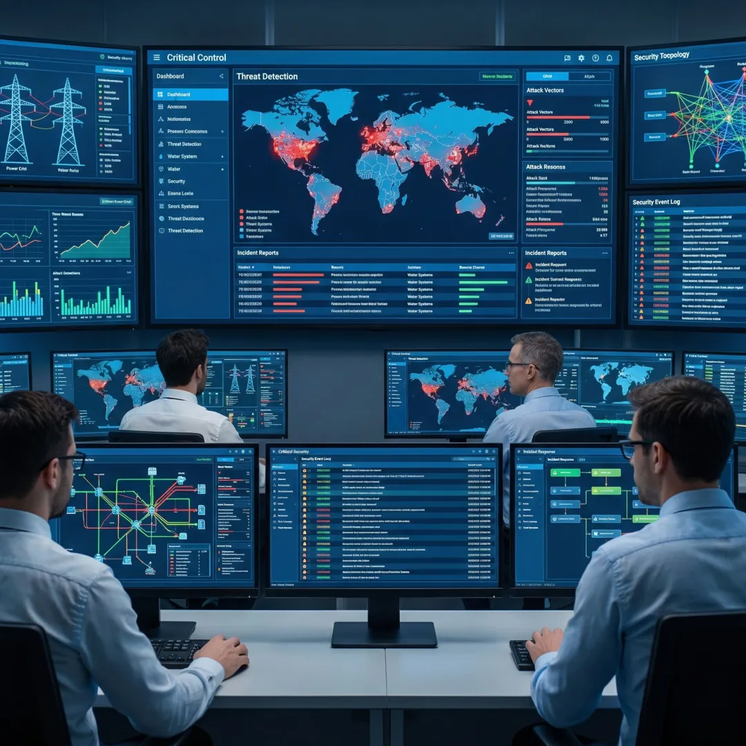 Industrial cybersecurity engineer monitoring critical infrastructure security systems