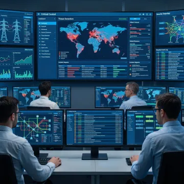 Industrial cybersecurity engineer monitoring critical infrastructure security systems