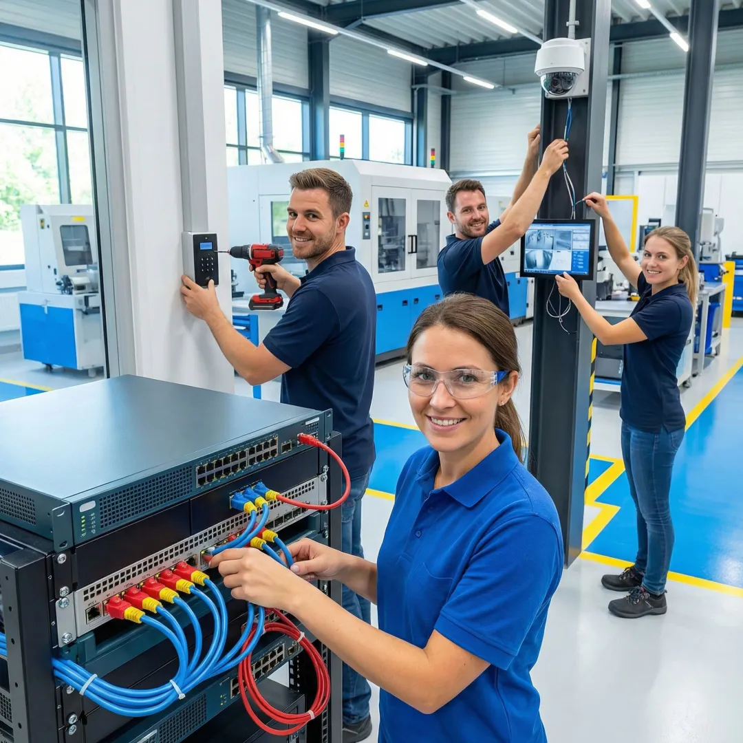 Security engineers implementing industrial security systems in manufacturing facility