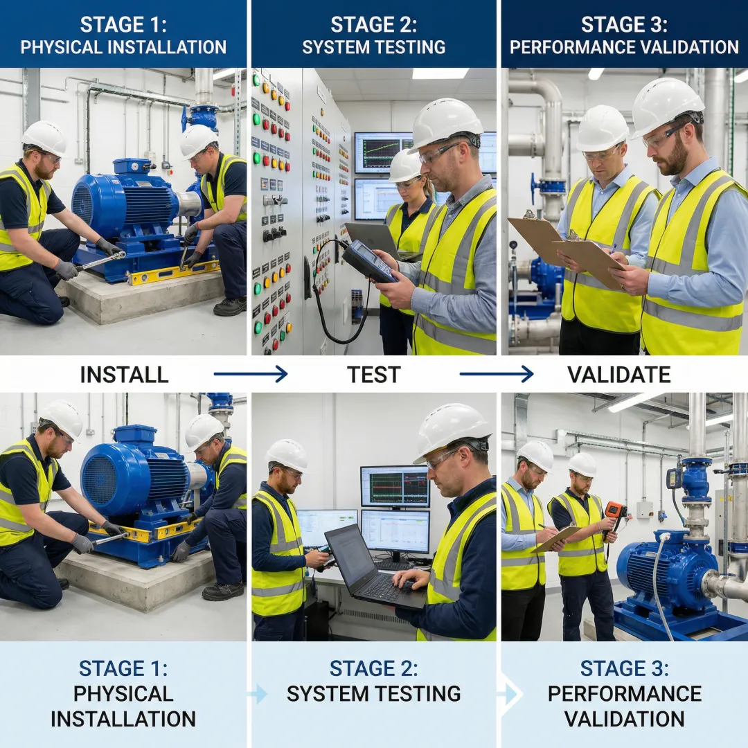 Step-by-step industrial equipment commissioning process showing technicians at work