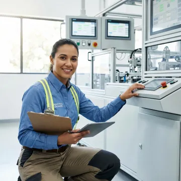 Engineer reviewing industrial control panel during facility inspection