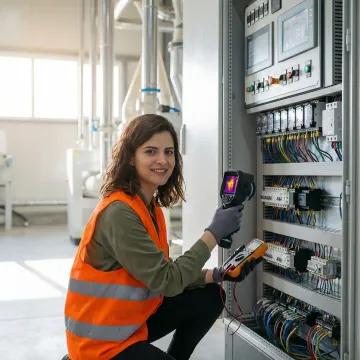 Industrial inspector examining control panel with diagnostic equipment in South Carolina manufacturing facility